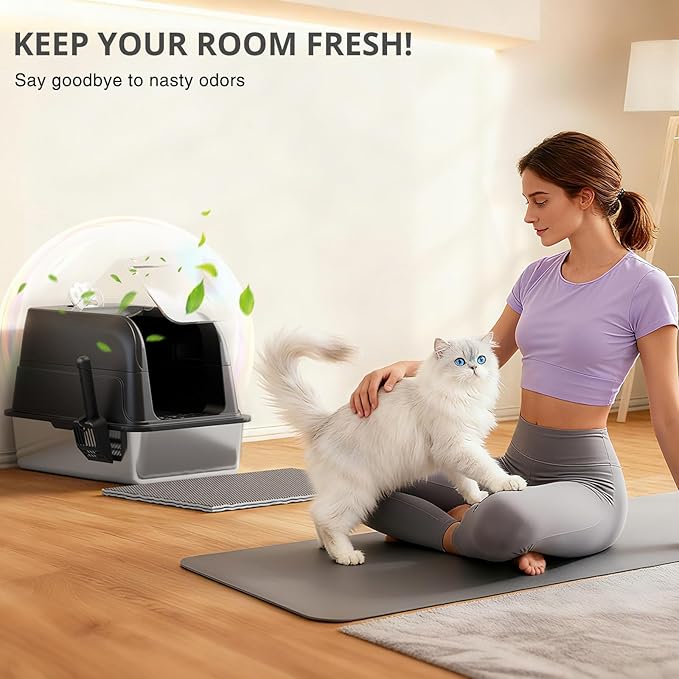 Stainless Steel Cat Litter Box Fully Enclosed, Extra Large Metal High Sided Cat Box with 120° Fully Transparent See-Through Flip Lid, Scoop & Mat - Black - XL