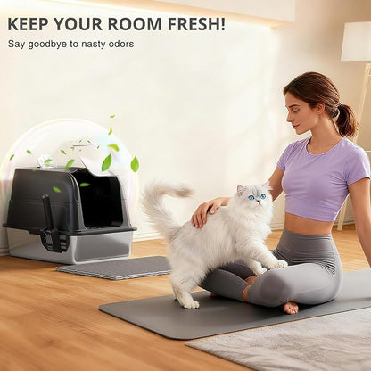 Stainless Steel Cat Litter Box Fully Enclosed, Extra Large Metal High Sided Cat Box with 120° Fully Transparent See-Through Flip Lid, Scoop & Mat - Black - XL