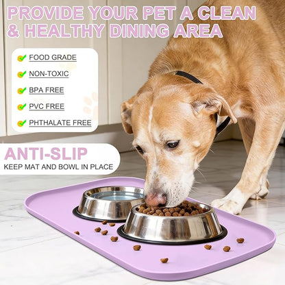 Silicone Pet Food Mat with Raised Edge for Food and Water Bowl, Dog Feeding Mats, Cat Food Trays for Floor Waterproof, Rubber Tray for Dogs and Cats, 24 x 16 x 0.8 Lavender