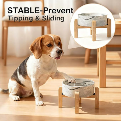 Elevated/Raised Ceramic Dog Bowl with Bamboo Stand,Marble Pattern 6 Inch 3.6 Cups Non Slip Heavy Weighted Single Pet Dish, for Small Medium Breed & Cats,Reduces Neck Strain Marble Grey
