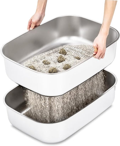Stainless Steel Sifting Litter Box with Lid, Metal Litter Pan with Scoop for Big Cats Multi Cat, Extra Large Cats Litterbox Odor Control Easy Clean