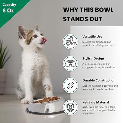 Iconic Pet 1 Cup/8 Oz Heavy Weight Non-Skid Stainless Steel High Back Pet Food/Water Bowls with Removable Anti Skid Rubber Ring - Dog/Cat Feeding Bowl in Unique Design, Dishwasher Safe