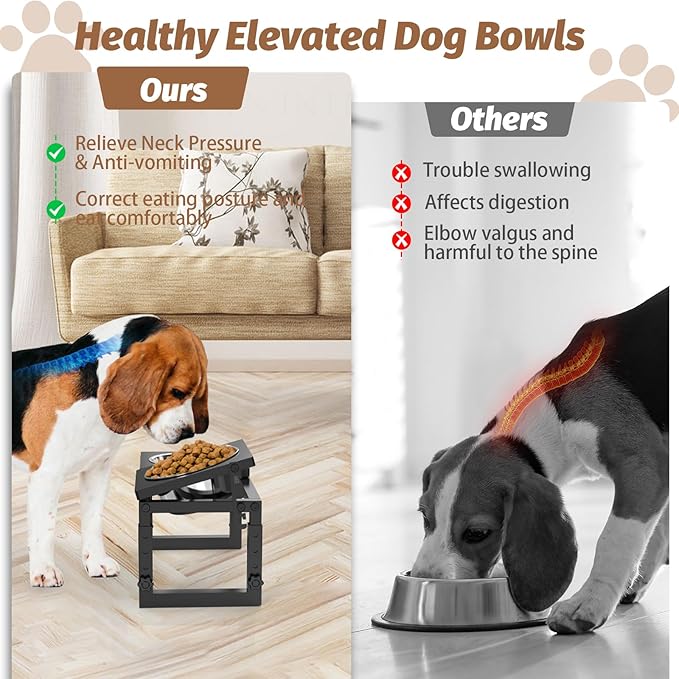 Dog Bowls Elevated, 4 Height(6.8" to 10") & Angle (0-20°) Adjustable Raised Dog Bowl Stand, Elevated Dogs Bowl Stand for Medium Sized Pet, Sturdy Metal Dogs Feeding Station with 2X 33oz (4cup) Dishes