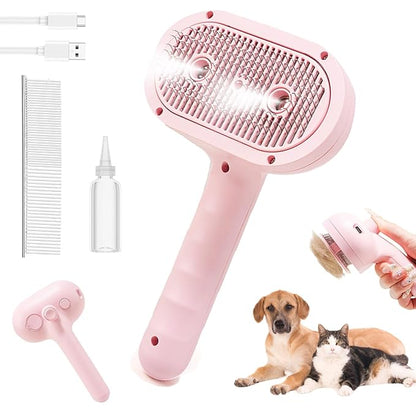 Cat Steam Brush for Shedding with Metal Comb,Deshedding Dog Brush for Long & Short Haired Dogs,Cat Hair Brush for Indoor Cats,Self Cleaning Double Hole Spray USB Rechargeable Grooming Supplies(Pink)