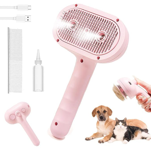 Cat Steam Brush for Shedding with Metal Comb,Deshedding Dog Brush for Long & Short Haired Dogs,Cat Hair Brush for Indoor Cats,Self Cleaning Double Hole Spray USB Rechargeable Grooming Supplies(Pink)