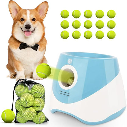Dollate Automatic Ball Launcher for Small Dogs,Interactive Toys Dog Ball Thrower Machine with 10-30Ft 3 Launching Distance,Indoor & Outdoor with 15 Mini Tennis Balls (2 inch),Blue