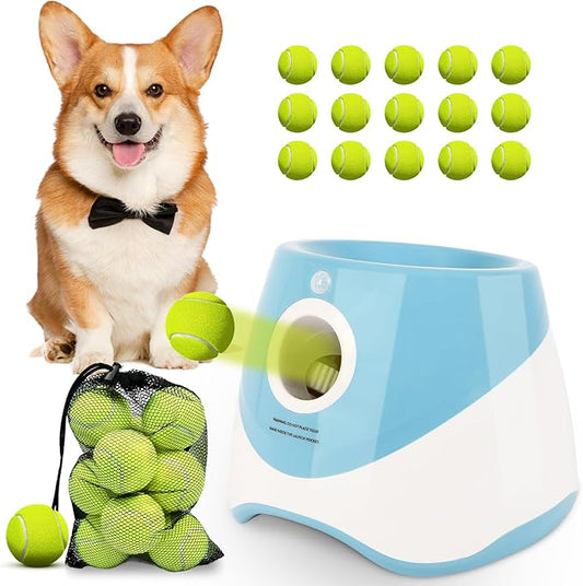 Dollate Automatic Ball Launcher for Small Dogs,Interactive Toys Dog Ball Thrower Machine with 10-30Ft 3 Launching Distance,Indoor & Outdoor with 15 Mini Tennis Balls (2 inch),Blue