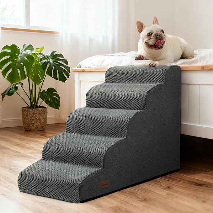 Dog Stairs for Bed 22.4”H,5-Step Dog Ramp for Small Dogs & Cats,Pet Steps for Dogs to get on High Bed, Indoor Anti-Slip Pet Stairs for Old Cats and Puppy,Grey