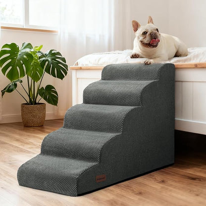 Dog Stairs for Bed 22.4”H,5-Step Dog Ramp for Small Dogs & Cats,Pet Steps for Dogs to get on High Bed, Indoor Anti-Slip Pet Stairs for Old Cats and Puppy,Grey