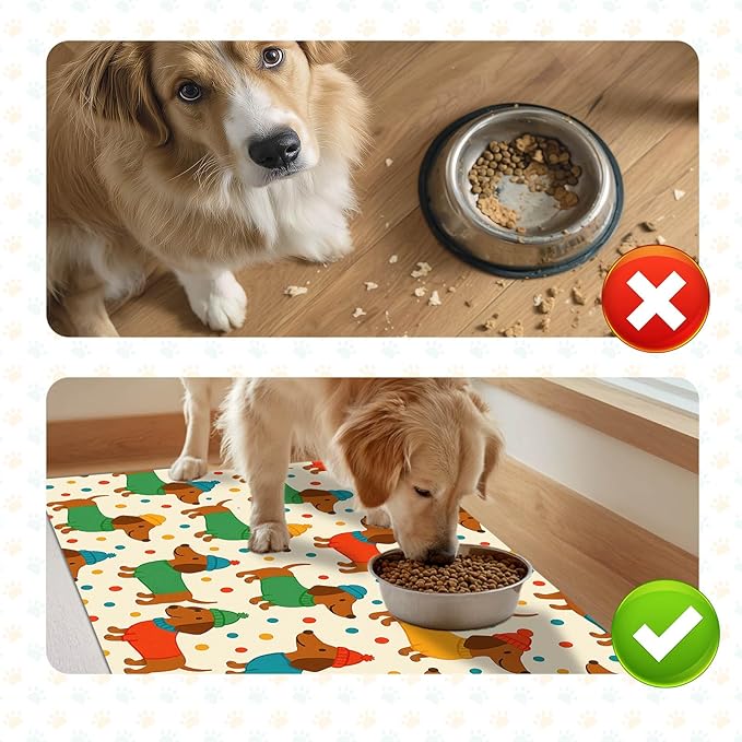 Cute Dachshund Dogs Pet Food Mat Spill-Proof Pet Feeding Mat for Food and Water Bowl Pets Placemat Easy Clean Fast Dry Area Mat for Cats Kittens & Small Dogs 24" x 16"