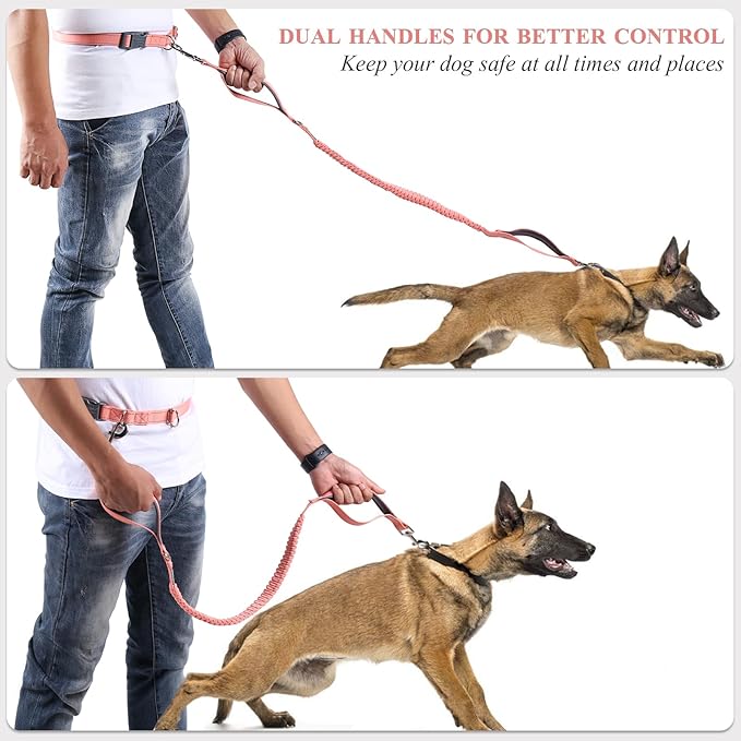 VIVAGLORY Hands Free Dog Leash Bungeeone Running Dog Leash with Waist Belt for Running Walking & Jogging, Bungee & Around Waist for Pet, S, Pink/Grey