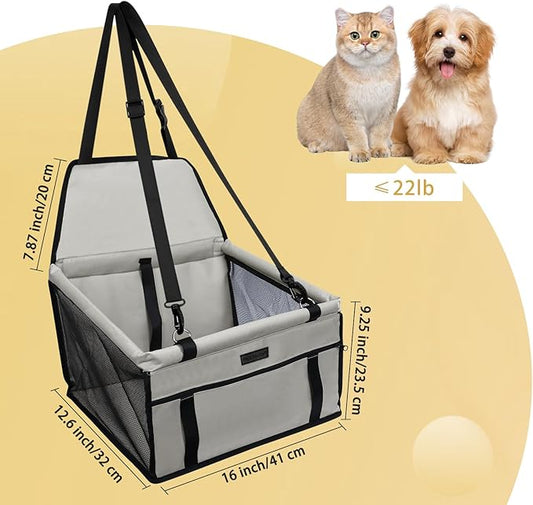 PetsHome Dog Car Seat Foldable Dog Car Booster Seat Waterproof Breathable Oxford Travel Bag for Small to Medium Dogs, Puppies, and Pets-Pure Grey