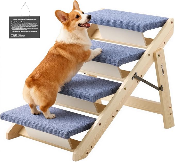 VEVOR Wood Pet Stairs, 4-Step Dog Stairs for Beds, Sofa & Cars, 150lbs Load Capacity, Floded Flat Design, Stable & Sturdy Cat & Dog Step Ladder for Small Medium Large Older Pet Puppy Essentials