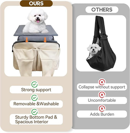 Dog Purse Carrier, Small Dog Cat Puppy Outdoor Portable Bag, Foldable Breathable 3‑Speed Zipper Access Pet Travel Bag with Large-Capacity Pockets, 15 lbs Capacity,Beige