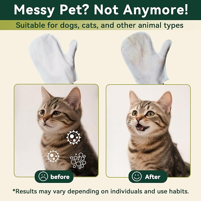 Pet Glove Wipes for Dogs & Cats, Hypoallergenic No Rinse Cleaning Grooming Gloves, Extra Thick Coconut Oil Infused Fur Nourishing & Deodorizing Wipes, 20PCS