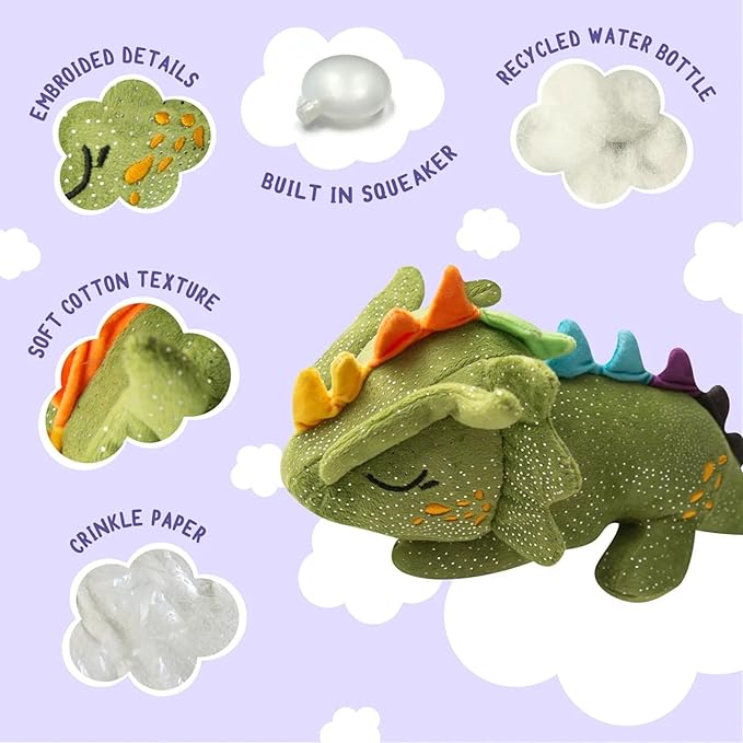 SNUG AROOZ Drowsy The Green Dragon - Plush Dog Toy, Squeaks & Crinkles, Pet Multi-Sensory Play, Recycled Material, 4x12 Soft-Cuddly Magical Companion