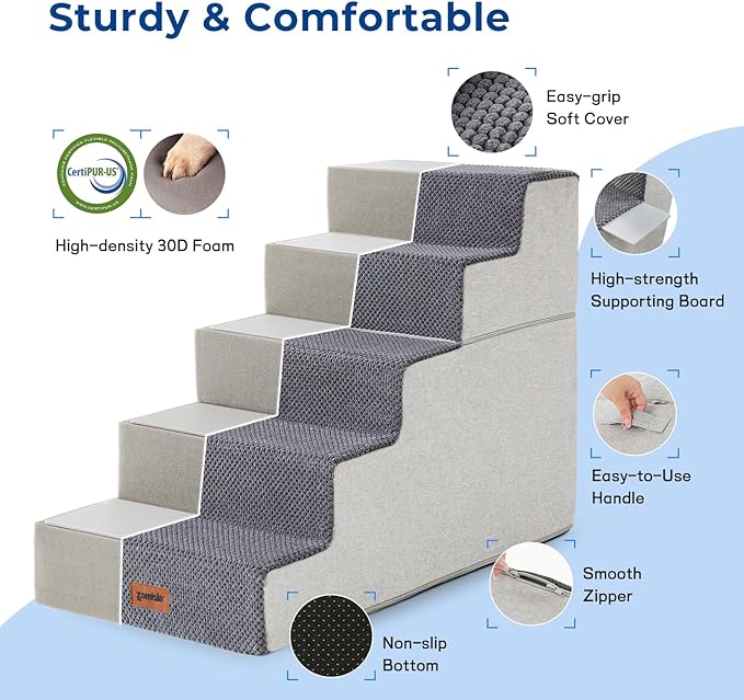 Dog Steps for High Beds - Dog Stairs 2 in 1 with Zippers Suitable for Small Dogs, Foam Pet Stairs with Non Slip Bottom Grey 5 Steps, Brown