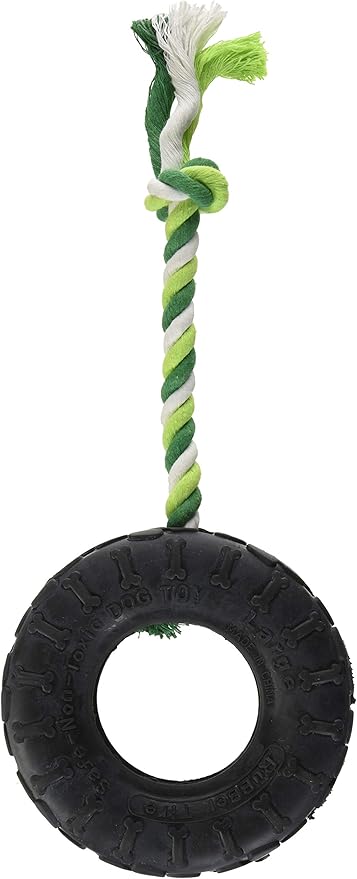 Boss Pet 52988 Dense Rubber Tire and Rope Tug Dog Toy for Strong Chewers