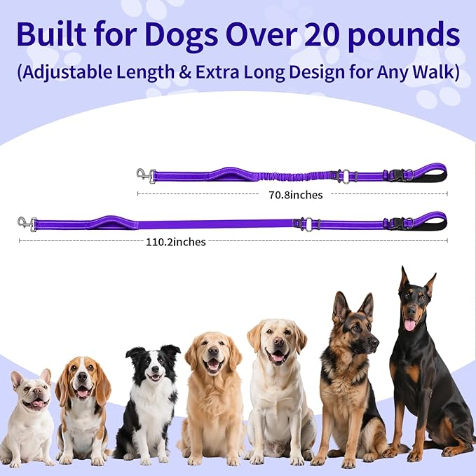 Kazazoo Hands-Free Dog Leash with 6-9FT Adjustable Length - Heavy Duty No Pull Bungee Design, Reflective Safety for Walking, Jogging & Training | Suitable for Medium to Large Dogs Purple L