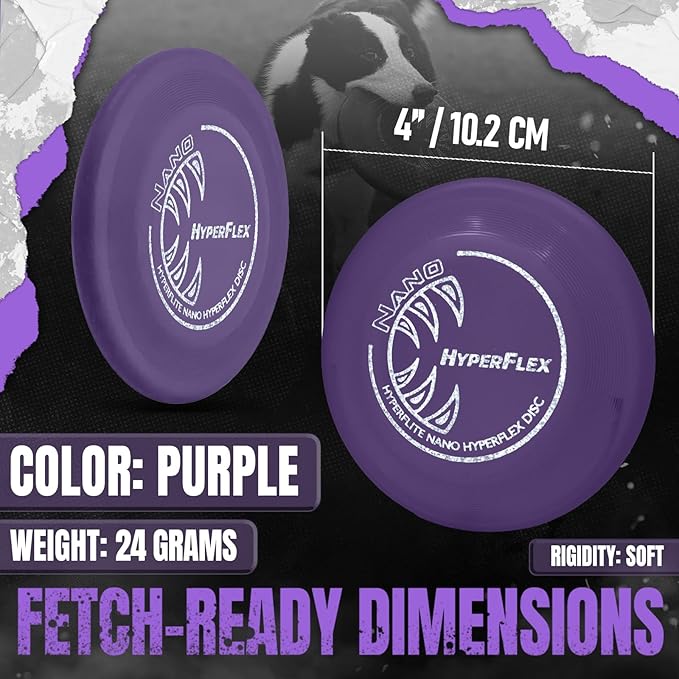 Hyperflite Nano Hyperflex Disc Dog Disc 4” (24g) | Official Skyhoundz Mini Flying Disc for Small Dogs & Puppies | Long-Flying, Lightweight Chase Dog Toy for Backyard, & Beach | Anti-Glare - Purple
