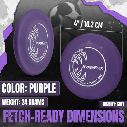 Hyperflite Nano Hyperflex Disc Dog Disc 4” (24g) | Official Skyhoundz Mini Flying Disc for Small Dogs & Puppies | Long-Flying, Lightweight Chase Dog Toy for Backyard, & Beach | Anti-Glare - Purple