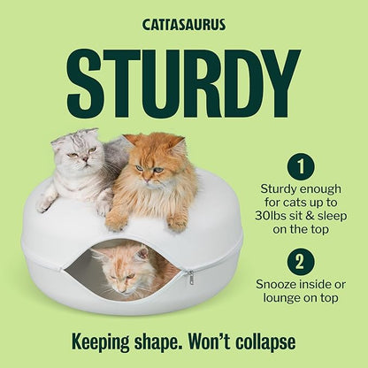 Cattasaurus Peekaboo Cat Cave Donut for Multiple & Large Cats up to 30-45 lbs, 3-in-1 Self Warming Cat Bed, Tunnel & Scratcher for Indoor Cats, Washable & Detachable Small Dog Bed (White, Large)