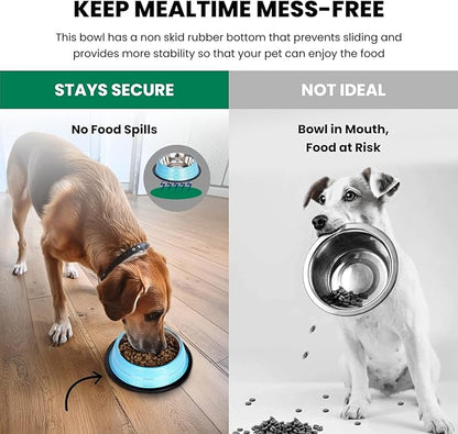 Iconic Pet Color Splash Stripe Non-Skid Stainless Steel Dog & Cat Bowl - Blue, 64 Oz, 8 Cup, Durable, Easy to Clean, Anti-Slip Feeding Dish for Food & Water, Stylish Design for Dogs and Cats