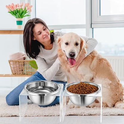 2 Set Acrylic Elevated Dog Bowls Stand 6.3" Tall Pet Acrylic Feeder Come with 2 Removable Stainless Steel Bowls for Large Dogs, Raised Durable Dog Bowl Pet Feeding Station