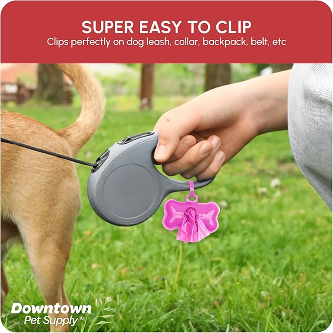 Downtown Pet Supply Poop Bags for Dogs with Dispenser, 180 Count - Leak-Proof Dog Waste Bags and Bone-Shaped Dog Poop Bags Holder for Leash - Pink, 12.5" x 8.5"