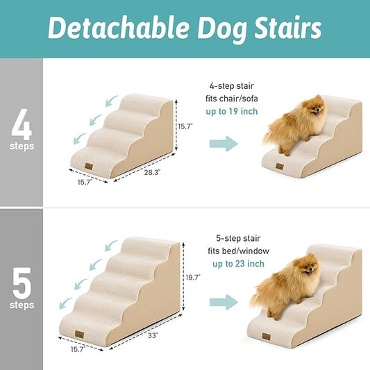 Dog Stairs for Small Dogs 19.7"H, 5-Step Sturdy Foam Dog Steps for Couch, Bed or Sofa, Curved Pet Stairs for Puppy and Older Cat, Doggie Ladder with Washable Cover, 15.7x33x19.7 inch, Beige