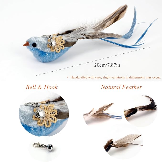 6 PCS Realistic Bird Cat Wand Attachment Toys–Handcrafted Feather Toys for Interactive Indoor Play–Engaging Cat Accessories Ideal for Wands Toy Refill & Home Décor