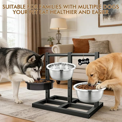 Elevated Dog Bowls Stand for Medium Large Dogs, 5 Adjustable Height Metal Raised Dog Bowl Stand 3 Food Water Bowls and Slow Feeder Bowl with Non-Slip Feet