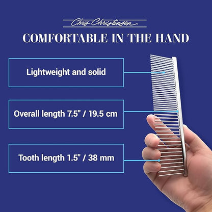 Chris Christensen 005 7.5 inch Fine/Coarse Long Tooth Greyhound-Style Butter Comb, Groom Like a Professional, Rounded Corners Prevent Friction and Breakage, Solid Brass Spin with Steel Teeth, Chrome
