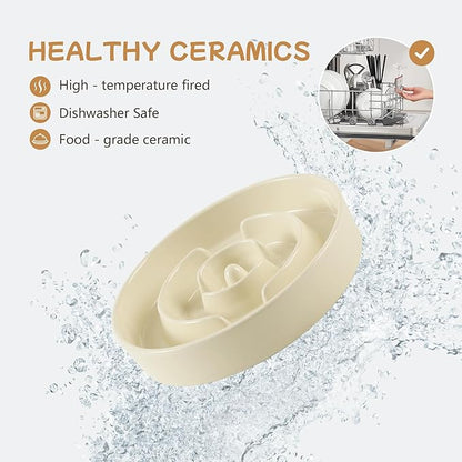 Ceramic 0.9 Cup Raised Slow Feeder Dog Bowl Set, Elevated 6.1inch Water Bowl and 6.1inch Slow Dish with Wooden Stand for Small Dogs (2 x Light Yellow+ Stand)