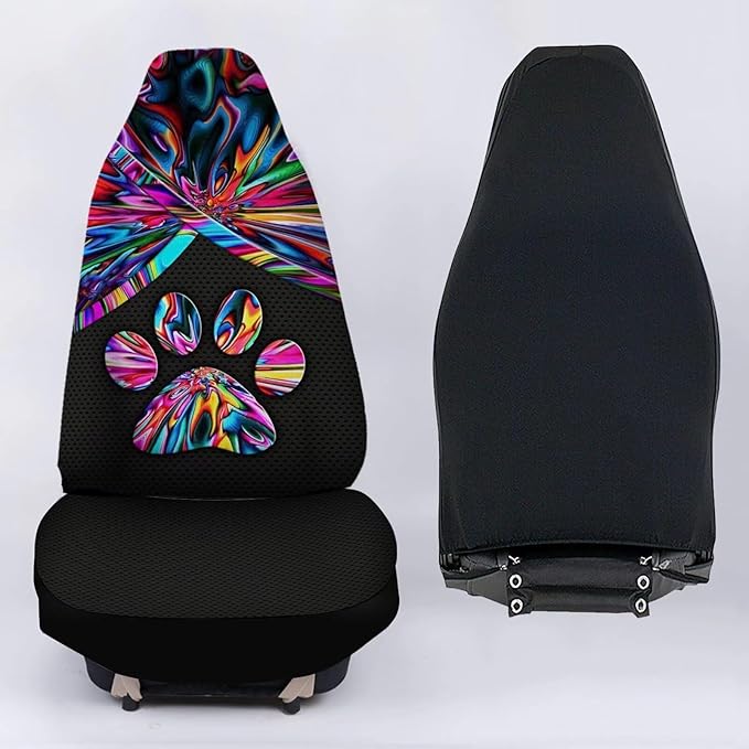 Universal Bucket Seats Cover Protector, 2 PCS Colorful Trippy Dog Paw Print Waterproof Durable Auto Interior Accessory for Car Truck SUV