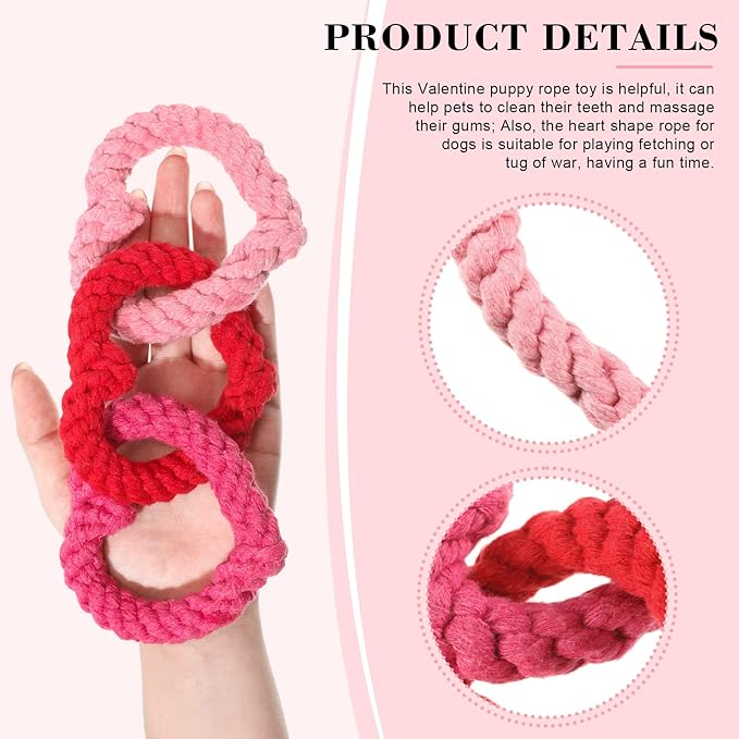 Zhanmai 3 Pieces Valentine's Day Interlocking Heart Rope Colorful Valentine Dog Toy Cotton Dog Rope Chewing Toys for Puppies Dogs Chew Toys for Small Medium Dogs, Pink and Red