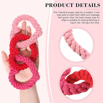Zhanmai 3 Pieces Valentine's Day Interlocking Heart Rope Colorful Valentine Dog Toy Cotton Dog Rope Chewing Toys for Puppies Dogs Chew Toys for Small Medium Dogs, Pink and Red