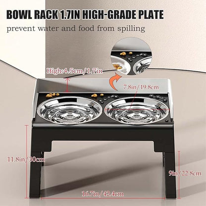 Marchul Elevated Dog Bowls, Raised Dog Food Water Bowl with 2 Thick Stainless Steel Bowls, 6 Height Adjustable, Non-Slip Stand, Spill-Proof for Medium Large Dogs (with Fence + Mat)