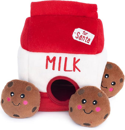 ZippyPaws Burrow- Interactive Dog & Puppy Toys for Boredom, Stimulating Pet Products to Keep Them Busy, Hide & Seek Plush Puzzle, Enrichment Squeaky Toy for Small & Medium Dogs- Santa's Milk & Cookies