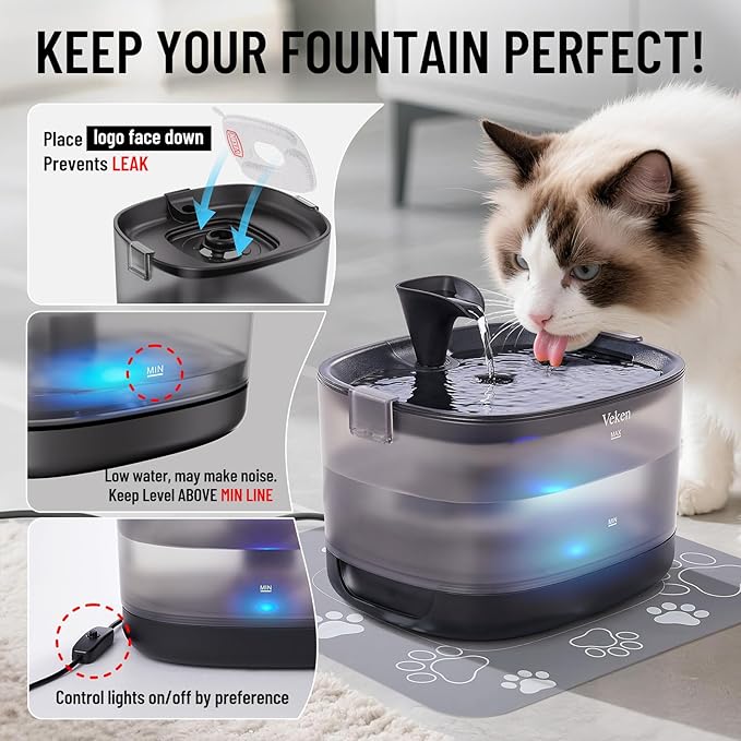 Veken Cat Water Fountain with Detachable Tank & Secure Clips, 6 Filters & Sponges, Easy to Clean & Assemble, 84oz/2.5L Quiet Pet Drinking Dispenser with LED Light for Cats, Dogs and Small Pets, Black