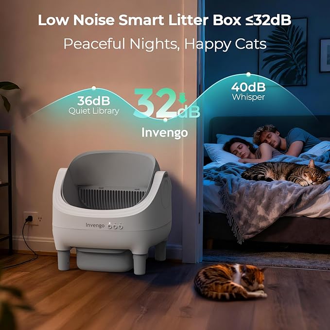 Automatic Cat Litter Box Self Cleaning, App Control, Open-Top Automatic Litter Box with Safety Sensors, Ultra-Quiet, 10.5L Waste Bin with Odor Control, 2 Rolls of Garbage Bags, Grey White
