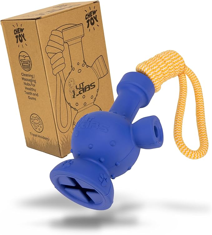 Dog Tug Toy with Rope Dog Entertaining, Treat Dispensing Dog Toy, Works for All Dog Sizes and Breeds. Fun Novelty Gift - Rubber Dog Toy with Funny Shape Tug-A-War - Blue Body & Orange Rope