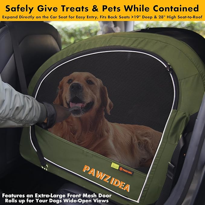PAWZIDEA Portable Dog Crate for Car Travel, Collapsible Pet Travel Crates for Medium & Large Dogs Up to 80lbs, Enclosed Soft-Sided Car Kennel Carrier for Backseat, Secures w/Seatbelt & Headrest Strap