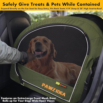 PAWZIDEA Portable Dog Crate for Car Travel, Collapsible Pet Travel Crates for Medium & Large Dogs Up to 80lbs, Enclosed Soft-Sided Car Kennel Carrier for Backseat, Secures w/Seatbelt & Headrest Strap