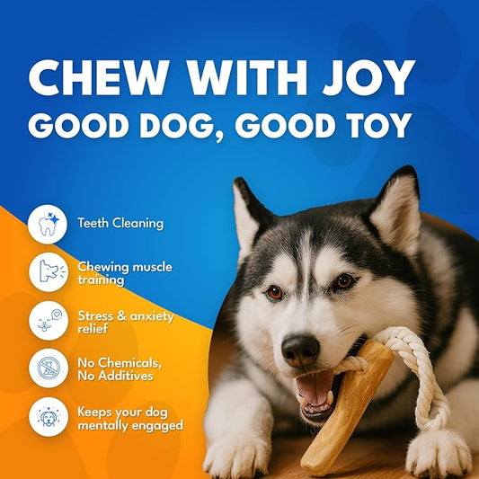 Coffee Wood Dog Chew Toy with Rope for Large Dogs, Natural Wood Stick for Light to Moderate Chewers, Safe Chewing for Dental Care, Tug Play & Boredom Relief (Large - Over 50 lbs)