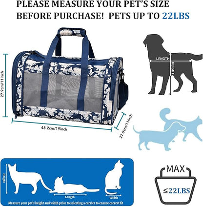 Soft-Sided Kennel Pet Carrier for Small Dogs, Cats, Puppy, Airline Approved Cat Carriers Dog Carrier Collapsible, Travel Handbag & Car Seat (Blue White Floral, 19" L x 11" W x 11" H)