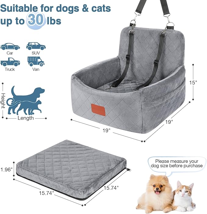 WOOAIDAGG Dog Car Seat for Small Dogs Under 30lbs,Comfy & Safe Travel Bed with Washable Cover,2 Clip-On Safety Leashes and Pockets,Anti-Slip Base,Easy to Install(Grey)