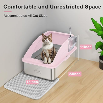 Stainless Steel Litter Box | XL Enclosed Cat Litter Boxs with Lid for Big Cats | High Sided, Anti-Urine Leakage | Non-Stick Bottom & Includes Litter Mat & Metal Scoop (Cute Pink)