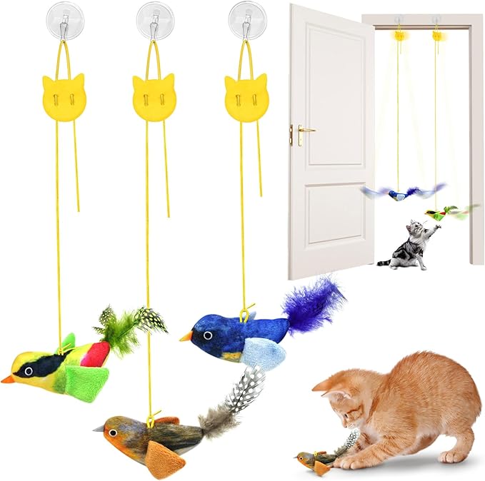 Interactive Cat Toys for Indoor Cats, Retractable Door Hanging Cat Toys with Catnip and Feathers, 3 Pack Chirping Bird Cat Toy for Chase Exercise Boredom Buster for Kittens & Adult Cats
