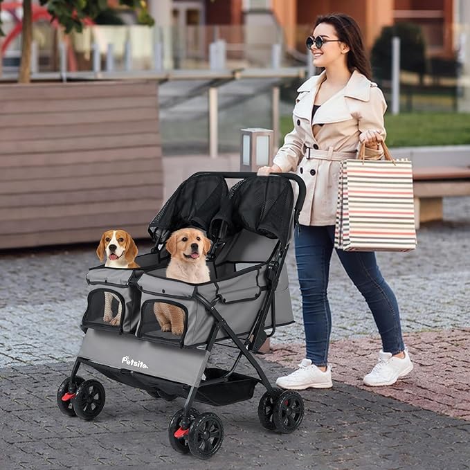 PETSITE Double Pet Stroller, Foldable Double Dog Stroller with 2-Seater Carrier, Adjustable Sunshade, Removable Pad, Safety Belt, Storage Basket, 4-Wheel Pet Travel Cart for 2 Puppies & Cats (Grey)